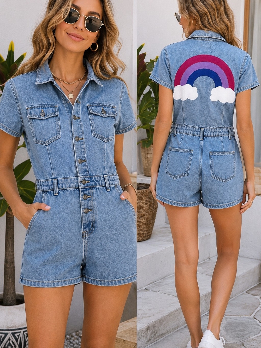 Y2K Rainbow Denim Romper | Lioness Size S Stretch Cotton Festival Boho